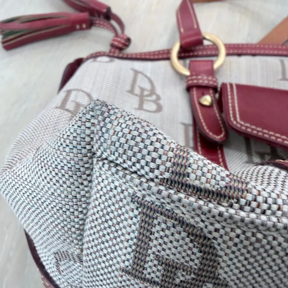 Dooney & Bourke Signature Monogram Canvas Satchel Burgundy Leather Trim 33906721
